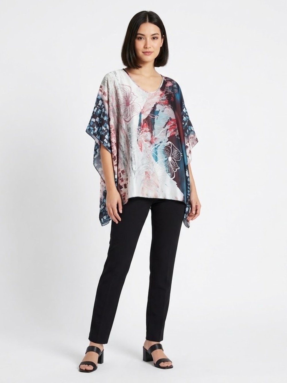 Peruzzi Satin Floral Watercolor Poncho Top OS
